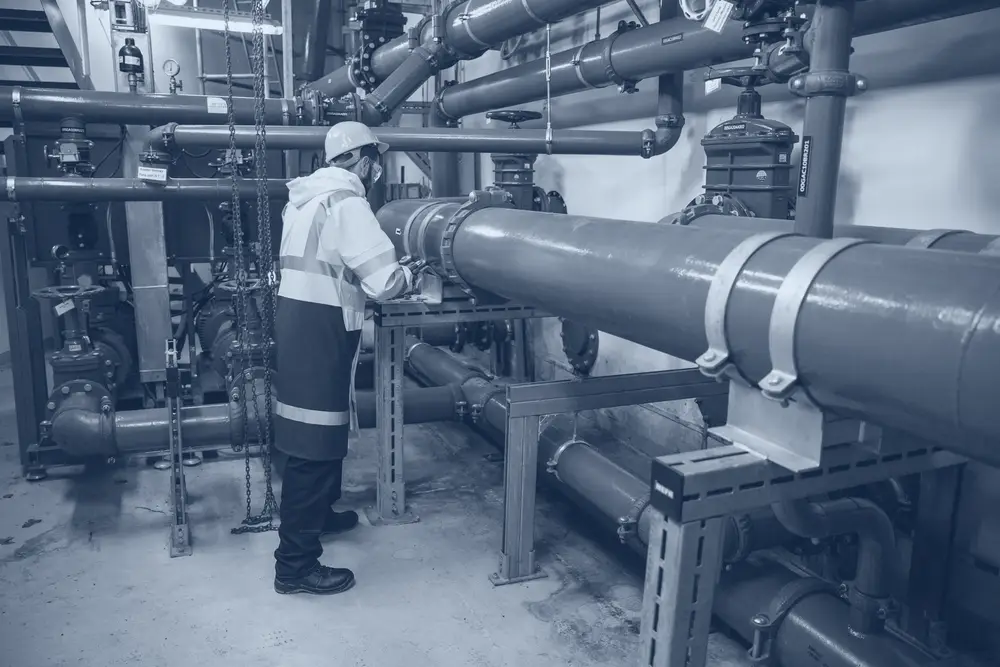 An engineer inspecting industrial piping